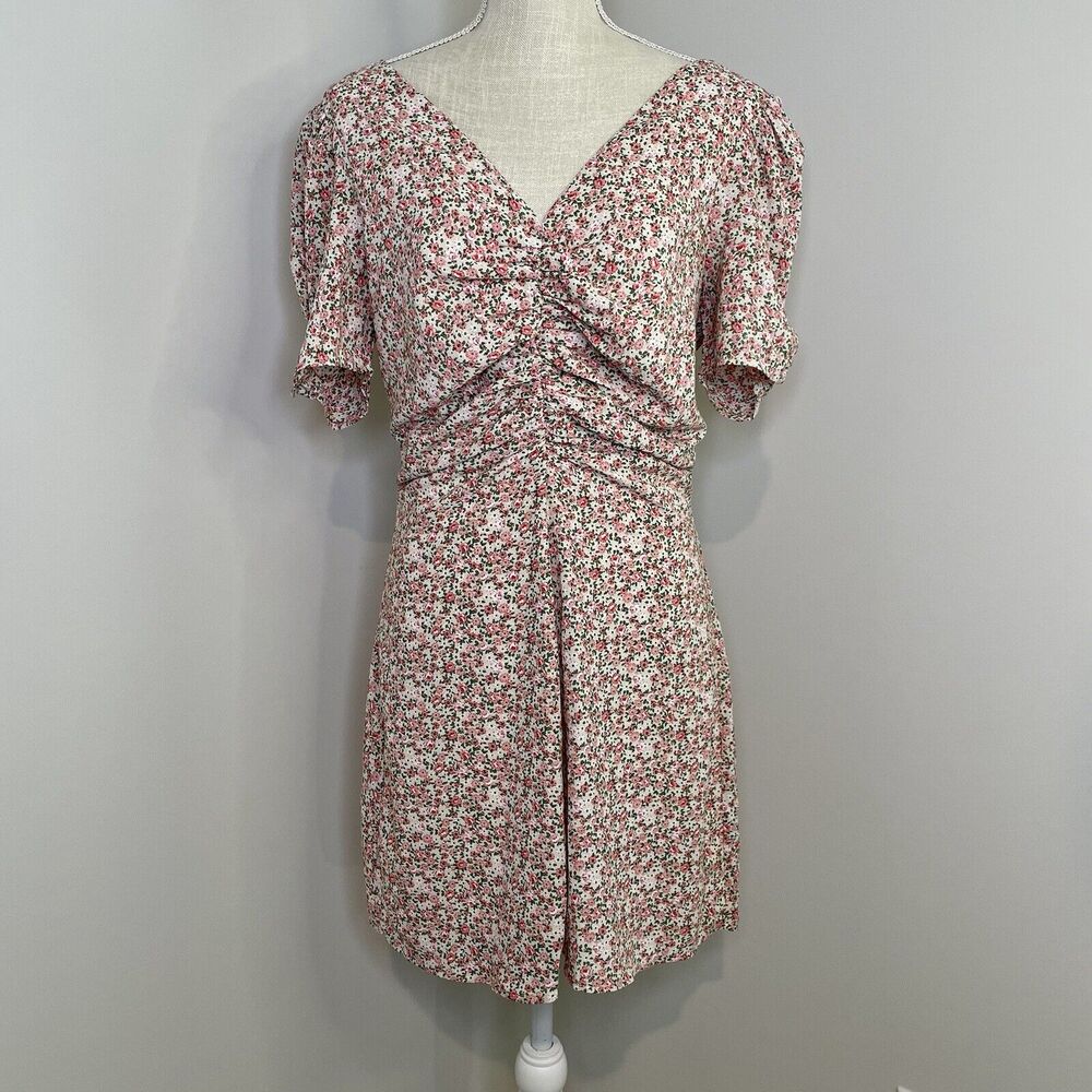 Lush Mini Dress Floral V Neck Cinch Front Short Sleeves Sundress Women's Size L